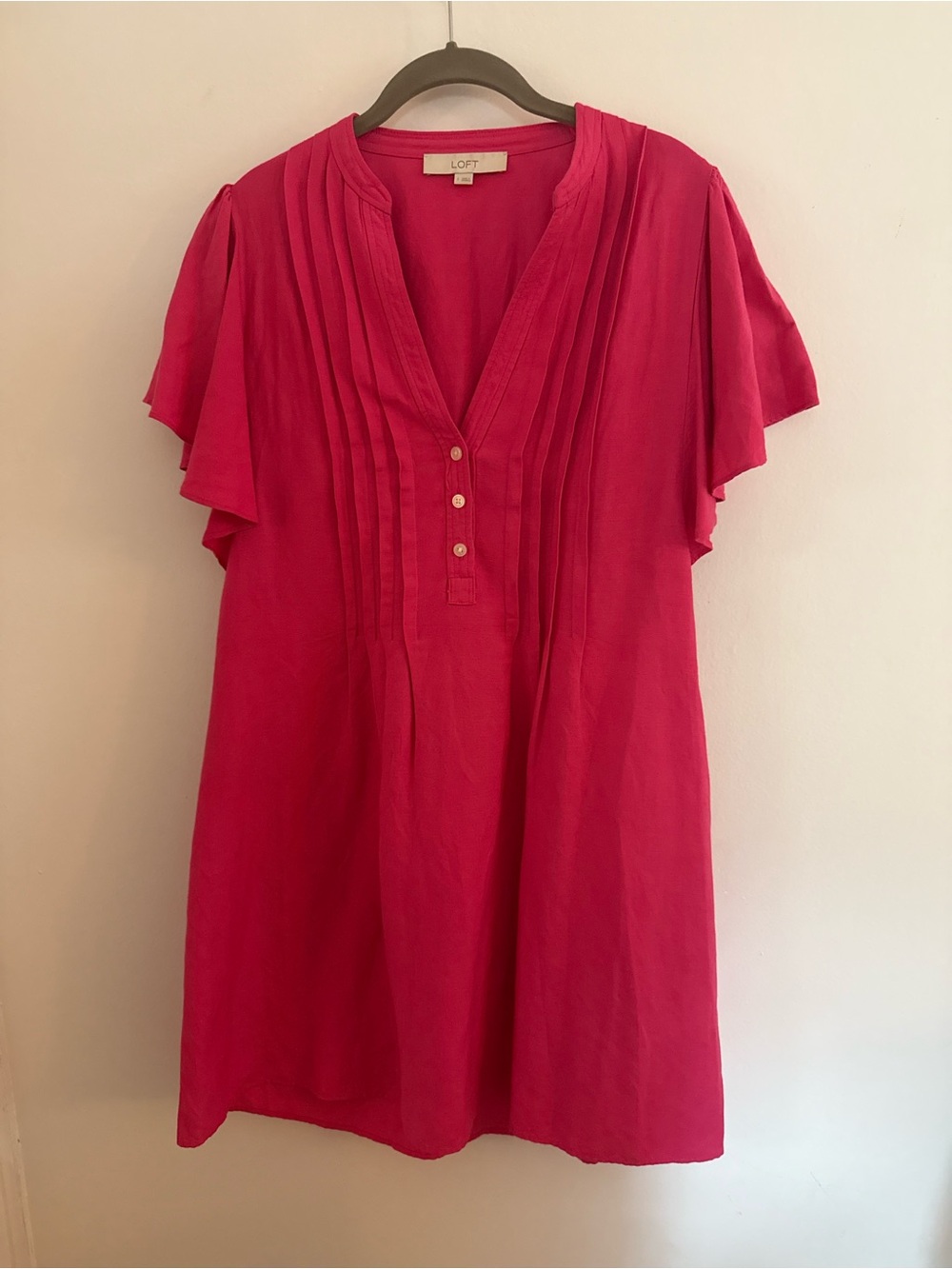 LOFT Bright Pink Pintuck Flutter-Sleeve dress